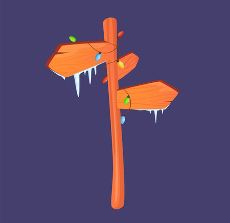 Concept Winter Christmas festive wooden pointer sign. The wooden texture of the sign is highlighted by the simple and clean lines of the design. Vector illustration.のイラスト素材