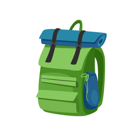 Concept Camping traveler backpack bag. The illustration features a flat and minimalistic design of a backpack bag for camping, created using vector graphics. Vector illustration.のイラスト素材