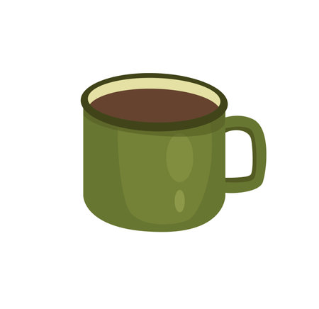 Concept Camping cup mug. The illustration is a flat vector design of a green cup for camping, depicted on a white background. Vector illustration.のイラスト素材