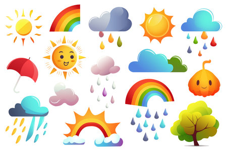Concept Weather. This flat cartoon design depicts a set of weather-related elements and conditions, such as clouds, sun, and rain, on a clean white background. Vector illustration.のイラスト素材