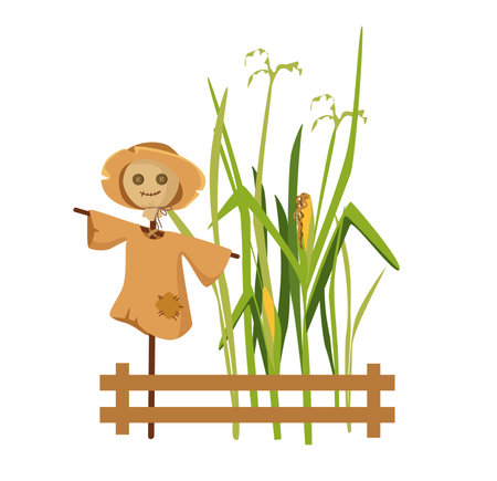 Concept field garden scarecrow. The illustration is a flat, vector, cartoon-style design of a scarecrow in a farm or garden setting, with a granary visible in the background. Vector illustration.のイラスト素材