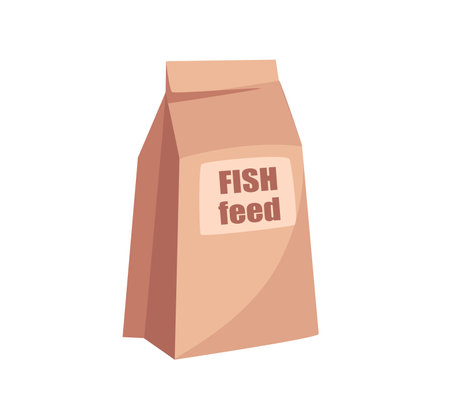 Concept Pet zoo fish food. This illustration is a flat, vector image designed with a cartoon concept. It features a pack of fish food on a white background. Vector illustration.のイラスト素材