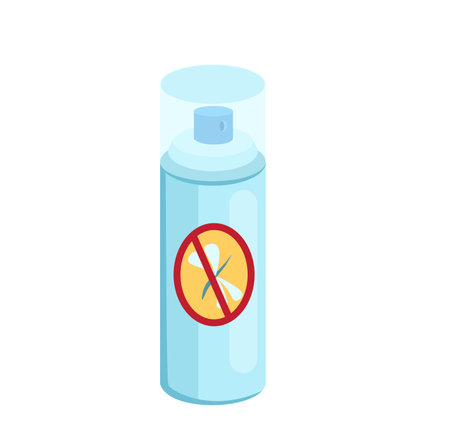 Concept Camping antimosquitos spray. This illustration depicts a flat, vector design concept of a cartoon-style antimosquitos spray bottle that would be useful for camping. Vector illustration.のイラスト素材