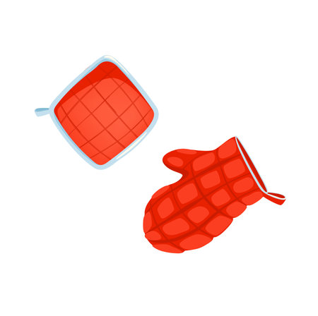 Concept Cooking pot holder. This illustration depicts a flat, vector, and cartoon-style red pot holder designed for cooking bakery. Vector illustration.のイラスト素材