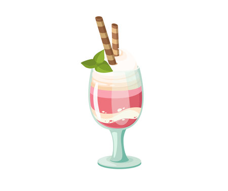 Concept Ice-cream dessert sweet. This illustration features a colorful and vibrant flat vector design of a delicious dessert - ice cream in a glass with a sweet tube. Vector illustration.のイラスト素材