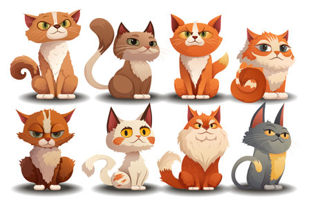 Concept Cats. This flat cartoon design features a set of angry and fierce-looking cats with sharp teeth and claws on a clean white background. Vector illustration.のイラスト素材