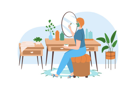 Interior blue concept with people scene in the flat cartoon style. Woman doing spa procedures at home behind her dressing table. Vector illustration.のイラスト素材