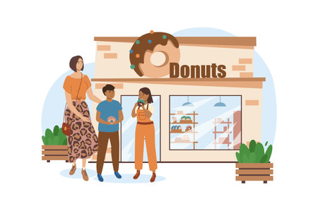 Shop blue concept with people scene in the flat cartoon style. Mother took her children to a shop with delicious cakes. Vector illustration.のイラスト素材