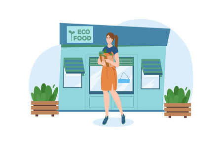 Blue concept Shop with people scene in the flat cartoon design. Girl came to a special store to buy only eco products. Vector illustration.のイラスト素材