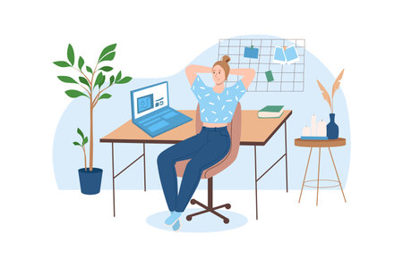 Blue concept Workplace with people scene in the flat cartoon style. Employee completes different tasks in her work place. Vector illustration.のイラスト素材