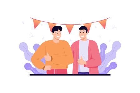 Happy people standing together violet concept with people scene in the flat cartoon design. Two friends have fun together. Vector illustration.のイラスト素材