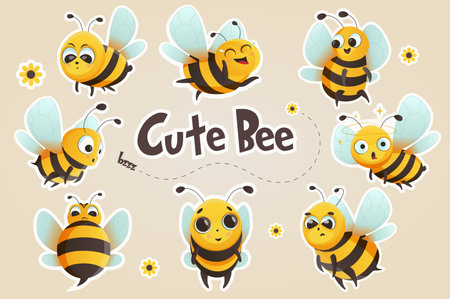 Cute bee set. A flat cartoon design featuring a set of cute bees in various poses and expressions. Vector illustration.のイラスト素材