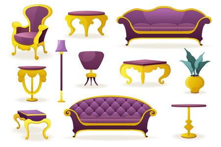 Set of Luxury purple furniture. This illustration features a set of luxurious purple furniture in a flat cartoon design. Vector illustration.のイラスト素材