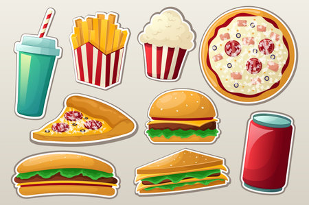 Fast food sticker set. This illustration features a set of fast food stickers designed in a flat and cartoon style. Vector illustration.のイラスト素材