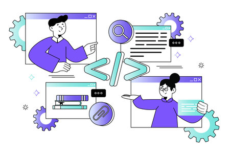 Web development waist-height concept with people scene in the flat cartoon design. Web designers write a program code for Internet sites. Vector illustration.のイラスト素材