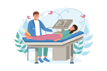 Medicine concept Abdominal ultrasound with people scene in the flat cartoon style. The doctor makes an ultrasound of the woman with the help of special devices. Vector illustration.のイラスト素材