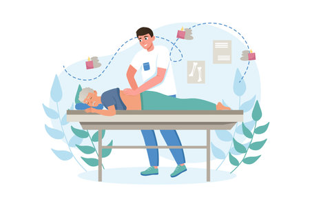 Medical massage medicine concept with people scene in the flat cartoon style. The doctor massages the patient to reduce his back pain. Vector illustration.のイラスト素材