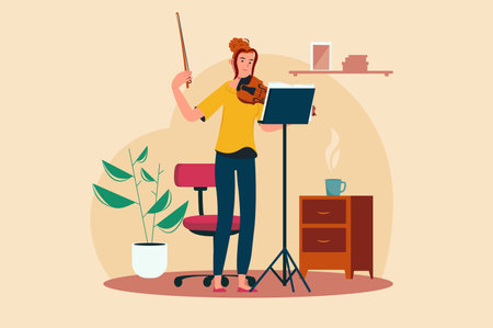 Favorite hobby yellow concept with people scene in the flat cartoon style. A girl plays the violin in her free time. Vector illustration.のイラスト素材