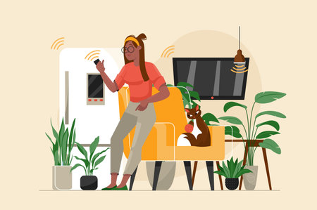 Smart home yellow concept with people scene in the flat cartoon style. The girl has all the settings of the house in her smartphone. Vector illustration.のイラスト素材