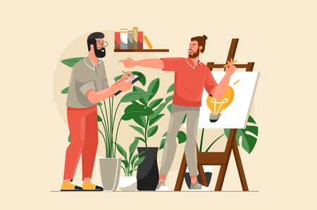 Plagiarism yellow concept with people scene in the flat cartoon style. The artist plagiarized the idea for the painting from his friend. Vector illustration.のイラスト素材