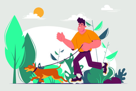 Pets concept with people scene in the flat cartoon design. A guy walks his dog and runs with it in the park. Vector illustration.のイラスト素材
