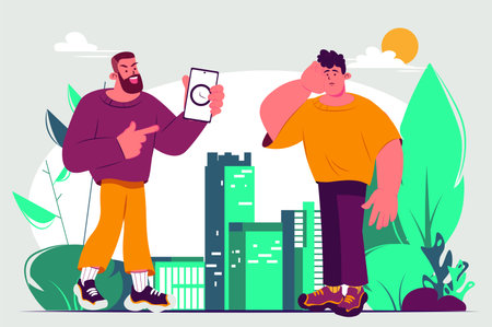 Lateness concept with people scene in the flat cartoon style. A man is angry with his friend because he is late. Vector illustration.のイラスト素材