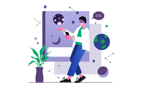 Metaverse concept with people scene in the flat cartoon design. The guy spends time in the metauniverse, which he entered with the help of a phone and VR glasses. Vector illustration.のイラスト素材