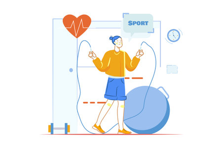 Fitness gym concept with people scene in the flat cartoon design. The girl jumps on a rope and does various exercises in the gym. Vector illustration.のイラスト素材