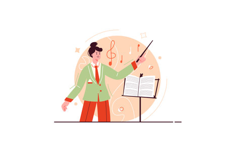 Concept Creative workers with people scene in the flat cartoon design. The woman is engaged in creative work and creates music. Vector illustration.のイラスト素材