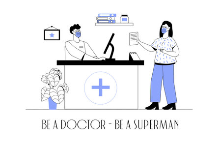 Medical concept wit people scene in the flat cartoon style. A woman came for a consultation with a doctor with a paper referral. Vector illustration.のイラスト素材