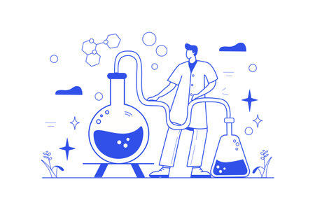 Concept science lab with people scene in the flat cartoon design. A scientist conducts chemical experiments with substances contained in two flasks. Vector illustration.のイラスト素材