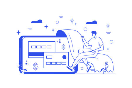 Electronic receipt line concept with people scene in the flat cartoon style. The man receives an electronic receipt for making monetary transactions. Vector illustration.のイラスト素材