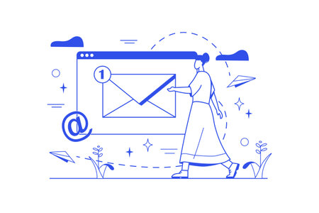 Email service line concept with people scene in the flat cartoon design. The woman is checking the letter she received in her e-mail box. Vector illustration.のイラスト素材