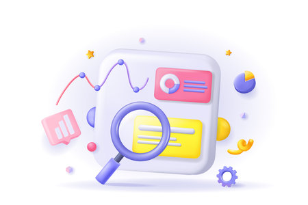 Data analysis concept 3D illustration. Icon composition with dashboard with statistic and business datum graph, magnifier for researching and control process. Vector illustration for modern web designのイラスト素材