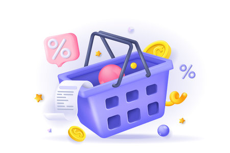 Shopping concept 3D illustration. Icon composition with supermarket basket, check for paying, money and discount, making purchase in store and online order. Vector illustration for modern web designのイラスト素材
