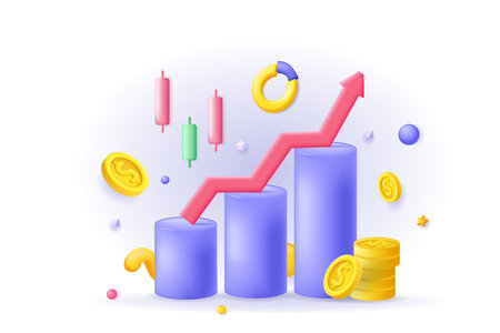 Stock market concept 3D illustration. Icon composition with financial data in bar chart, accounting, market trend analyzing and trading in forex exchange. Vector illustration for modern web designのイラスト素材