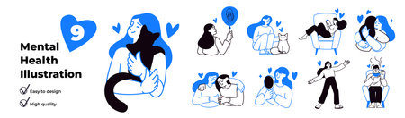 Mental health concept with character situations set. Collection of scenes people hug with friends and pets, self care and relax, emotions of love and happiness. Vector illustrations in flat web designのイラスト素材