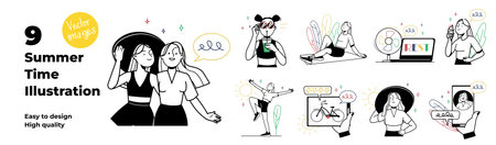 Summertime concept with character situations set. Collection of scenes people relaxing and resting outdoors, pastime with friends, sunbathing, eating ice cream. Vector illustrations in flat web designのイラスト素材