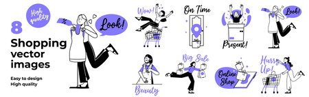 Shopping concept with character situations set. Collection of scenes people fitting new dress, buying goods in supermarket, order delivery, purchasing at sale. Vector illustrations in flat web designのイラスト素材