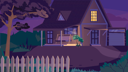 Concept House in night. A flat, cartoon-style designed background featuring a house at night, with stars and a crescent moon in the sky. Vector illustration.のイラスト素材