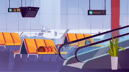 Concept Airport. A flat, cartoon-style background design of an airport with airplanes, runways, and a control tower. Vector illustration.のイラスト素材