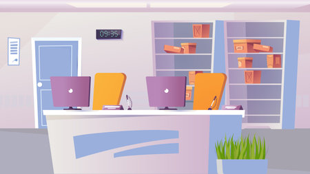 Concept Post office. A flat, cartoon-style design featuring a post office set against a background of white or light pastel colors. Vector illustration.のイラスト素材