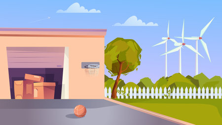 Concept Garage basketball. A flat, cartoon-style design of a garage, with tools and equipment visible, against a plain background. Vector illustration.のイラスト素材