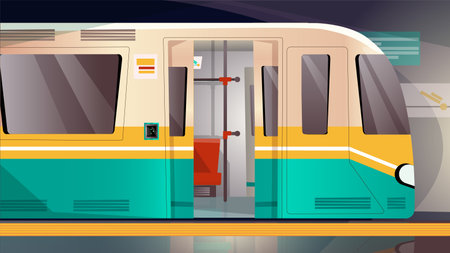 Concept Subway car. A flat, cartoon-style design of a subway car, with a simple background, in a 2D style. Vector illustration.のイラスト素材