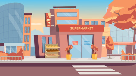Concept Supermarket street. A flat, cartoon-style design of a supermarket street on a white background. Vector illustration.のイラスト素材