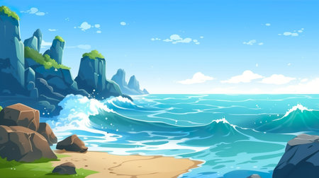 Abstract background ocean coast. Through the medium of illustration, the essence of the ocean coast is captured, showcasing an interplay of backgrounds, captivating banner designs. Generative AI.の素材