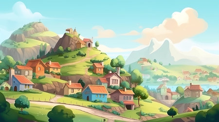 Background village on a hill. An image of a village on a hill with a masterful representation of a striped flag against a picturesque background. Generative AI.の写真素材