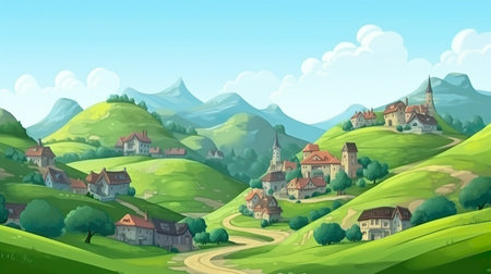 Background village on a hill. The magical beauty of a hilltop village in an artistic image with a beautifully designed banner on a picturesque background. Generative AI.の写真素材