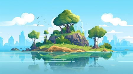 Background Island in the middle of the lake. Demonstrating the essence of tranquility with a banner design featuring a magical island in the middle of a tranquil lake. Generative AI.の写真素材