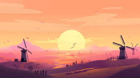 Background windmills. The artwork showcases the breathtaking scenery of windmills amidst the countryside in a banner-style design. Generative AI.の写真素材